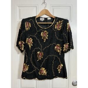 Stenay Silk Blouse Top Size XL Formal Vintage Black Gold Beaded Sequin Womens